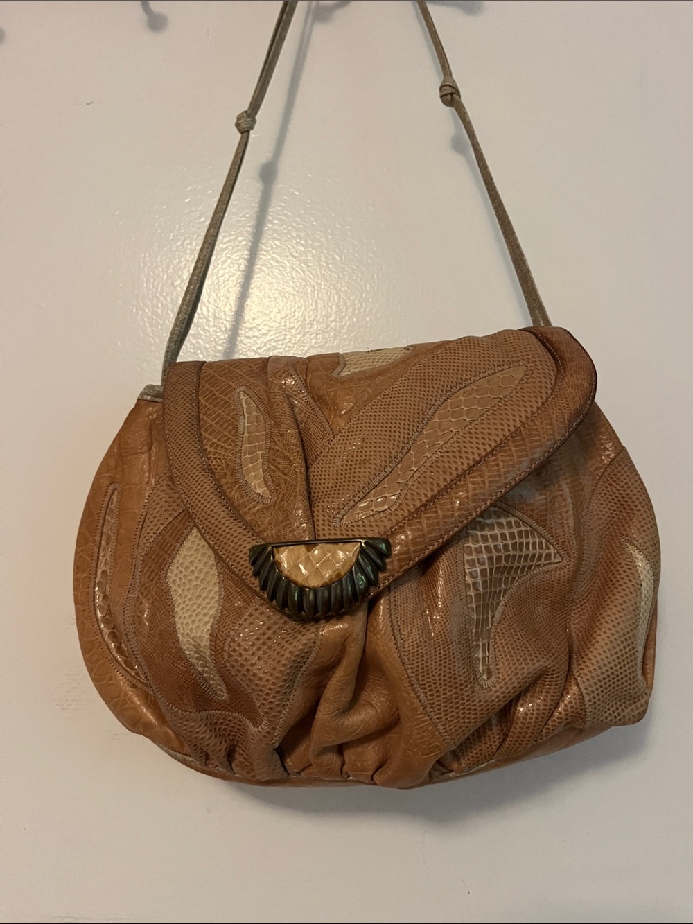 Sharif Tan Patchwork Leather Shoulder Bag with Sculpted Clasp